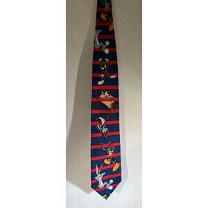 Vintage 1995 LOONEY TOONS Mania Neck Tie Blue and Red, Bugs Bunny, Taz, Daffy